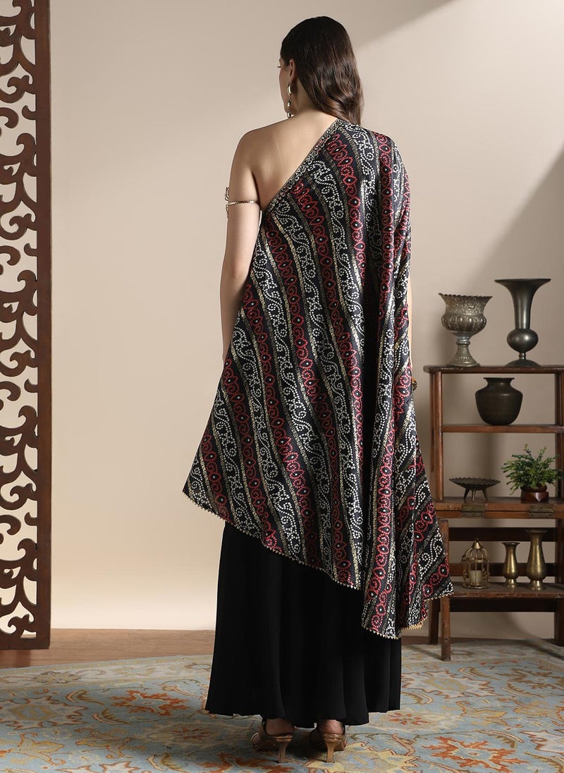 Globus Women Black One Shoulder Extended Sleeves Asymmetric Hem Bandhani Printed Kurta With Flared Palazzos Fusion Coords Set - Image 4